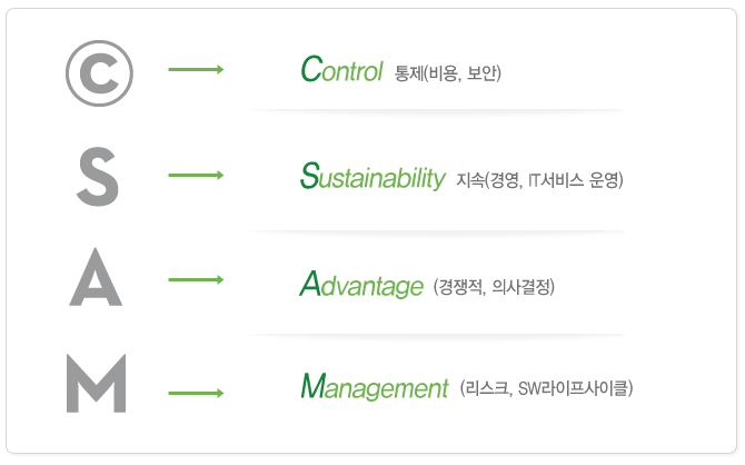 ⓒ → Control, S → Sustainability, A → Advantage, M → Management